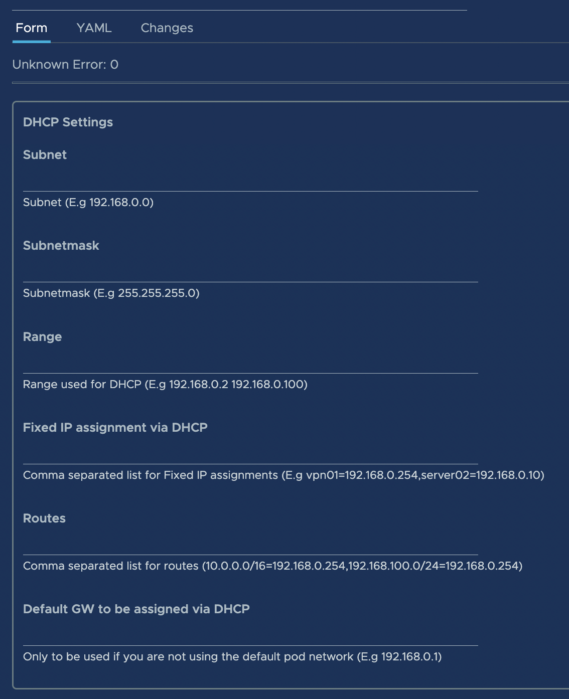 DHCP configuration settings, exposed by clicking the DHCP server application